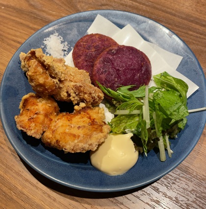 琉球酒場 渋谷ちゃんぷる~ 宴会コース 揚げ物 芋くじ天ぷらと沖縄塩唐揚げ