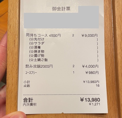 エー・ピーホールディングス 株主優待 なきざかな 新宿はなれ 選べる鮮魚の岡持ちコース お会計