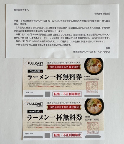フルキャストホールディングス 株主優待 ラーメン一杯無料券 2026