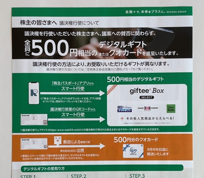 りそなホールディングス 議決権行使 デジタルギフト クオカード