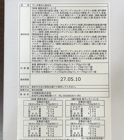 テイエステック 株主優待 丸栄製粉 新潟拉麺詰合せ8食入 関屋福来亭 背脂ラーメン 麺や来味 煮干しラーメン 壱八商店 生姜醤油ラーメン 東横 濃厚味噌ラーメン 原材料名 カロリー